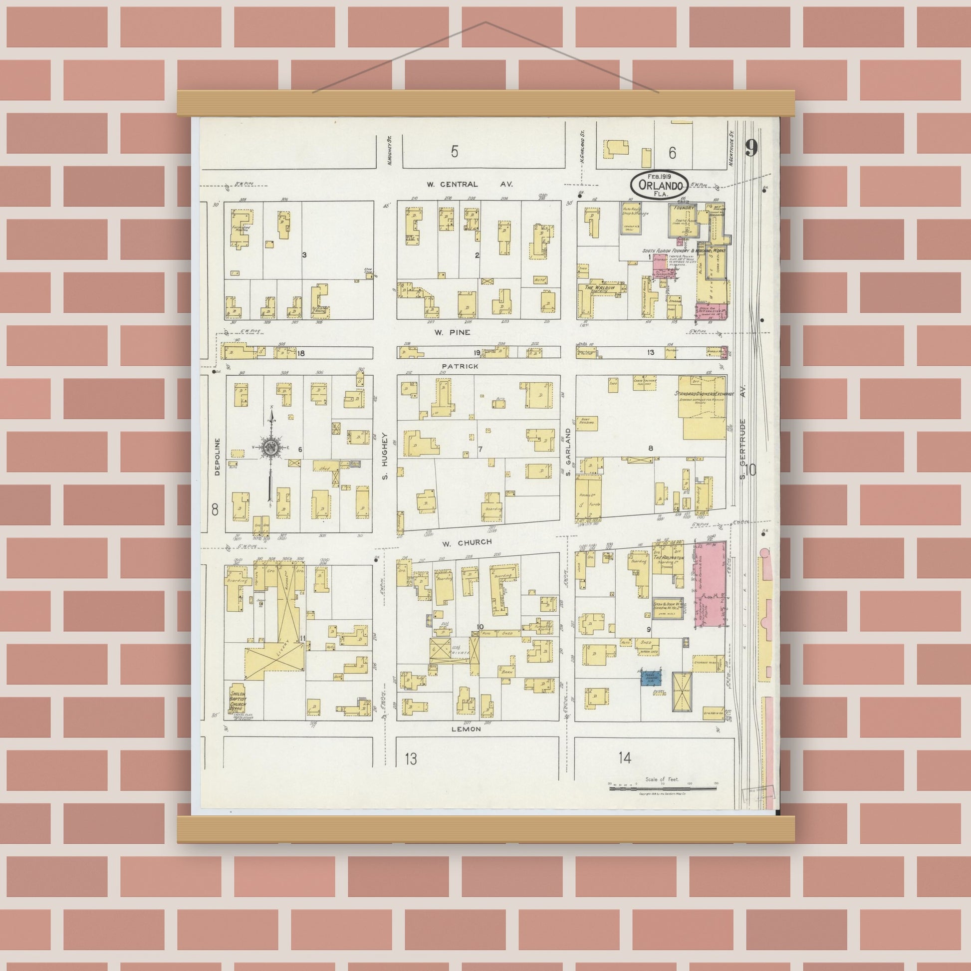 Old map wall art mockup — magnetic wood frame on brick wall — Sanborn Fire Insurance Map from Orlando, Orange County, Florida (1919), Sheet #0009