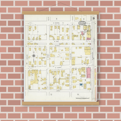Old map wall art mockup — magnetic wood frame on brick wall — Sanborn Fire Insurance Map from Orlando, Orange County, Florida (1919), Sheet #0009
