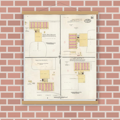Old map wall art mockup — magnetic wood frame on brick wall — Sanborn Fire Insurance Map from Ferris, Ellis County, Texas (1941), Sheet #0014