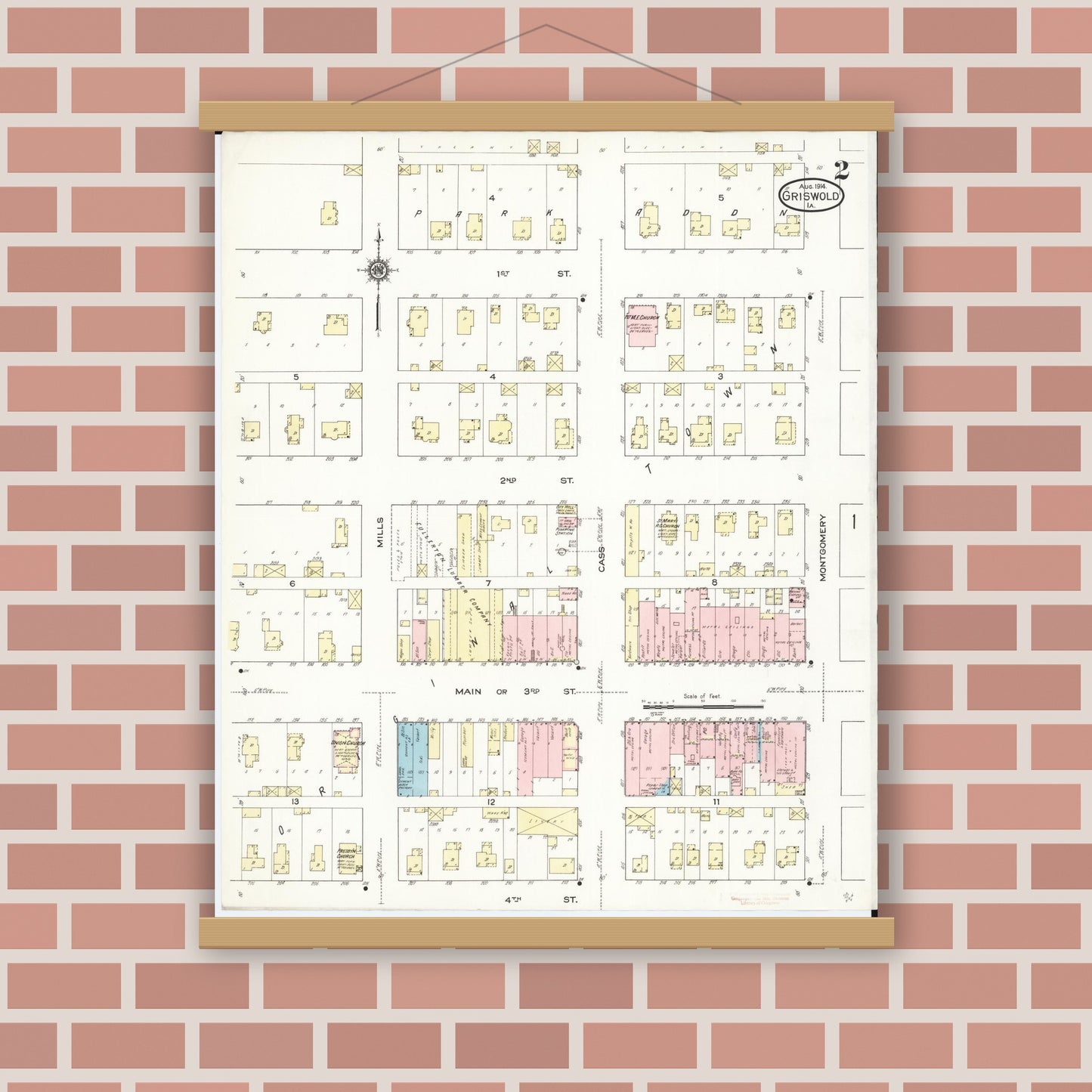 Old map wall art mockup — magnetic wood frame on brick wall — Sanborn Fire Insurance Map from Griswold, Cass County, Iowa (1914), Sheet #0002