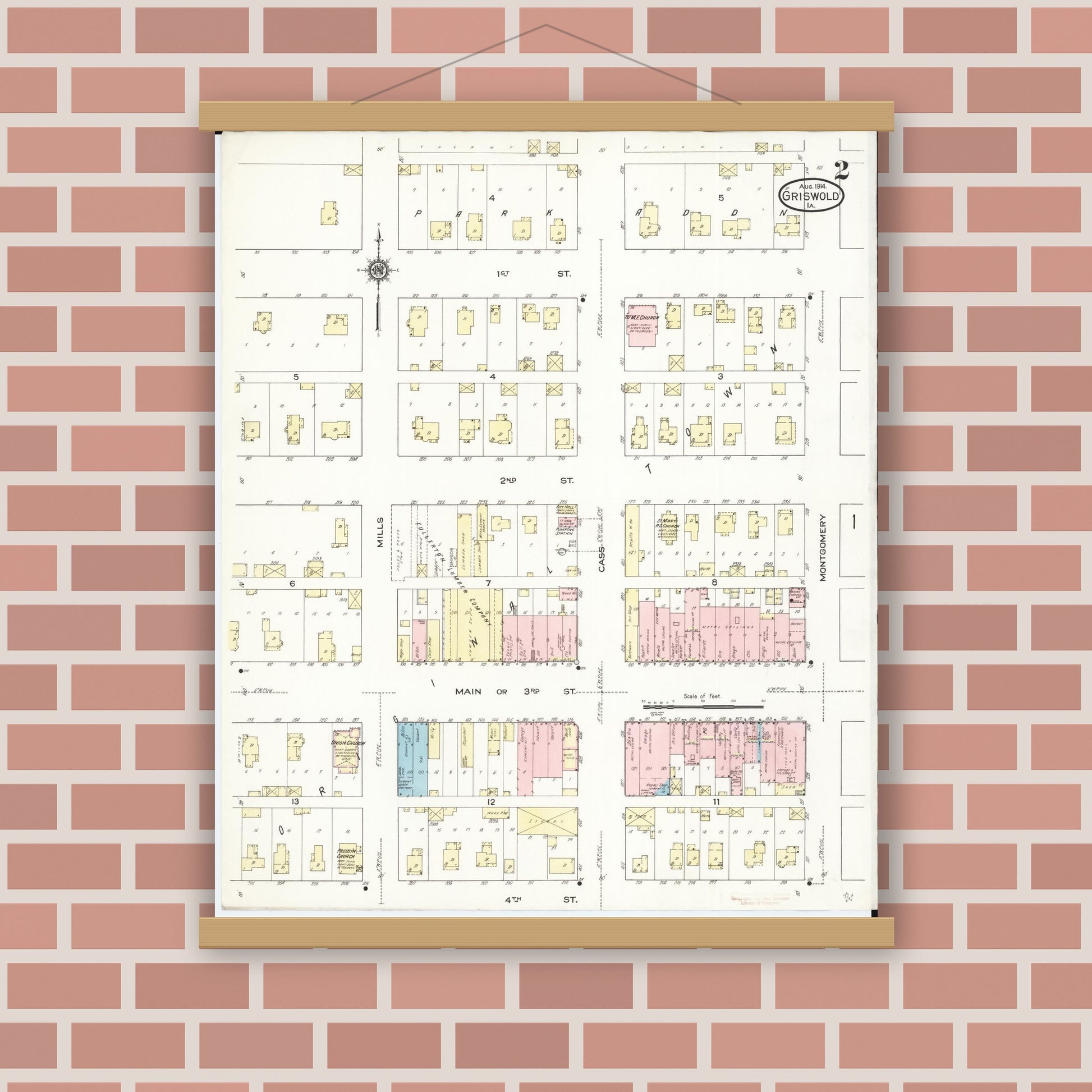 Old map wall art mockup — magnetic wood frame on brick wall — Sanborn Fire Insurance Map from Griswold, Cass County, Iowa (1914), Sheet #0002