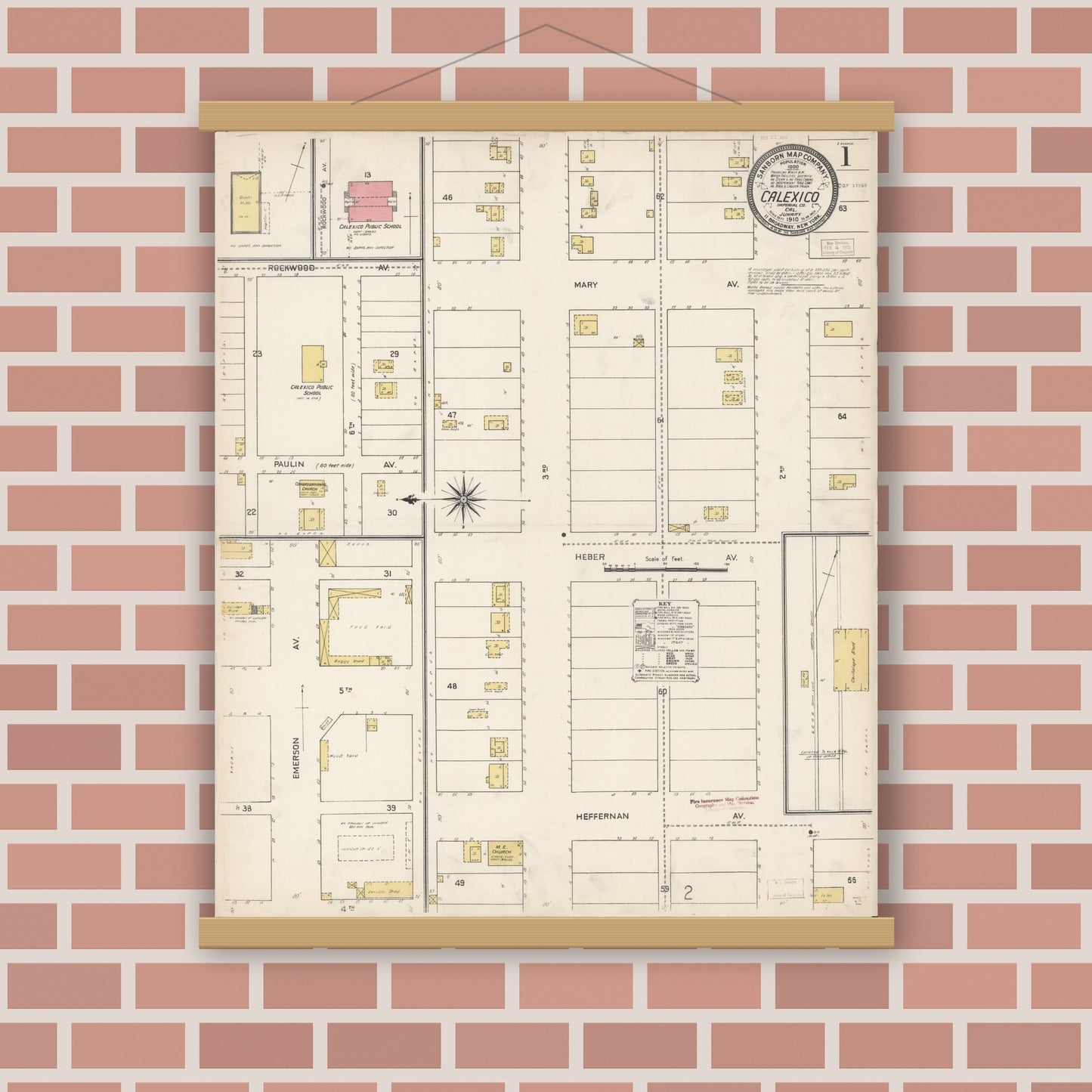 Old map wall art mockup — magnetic wood frame on brick wall — Sanborn Fire Insurance Map from Calexico, Imperial County, California (1910) - Complete Map Set