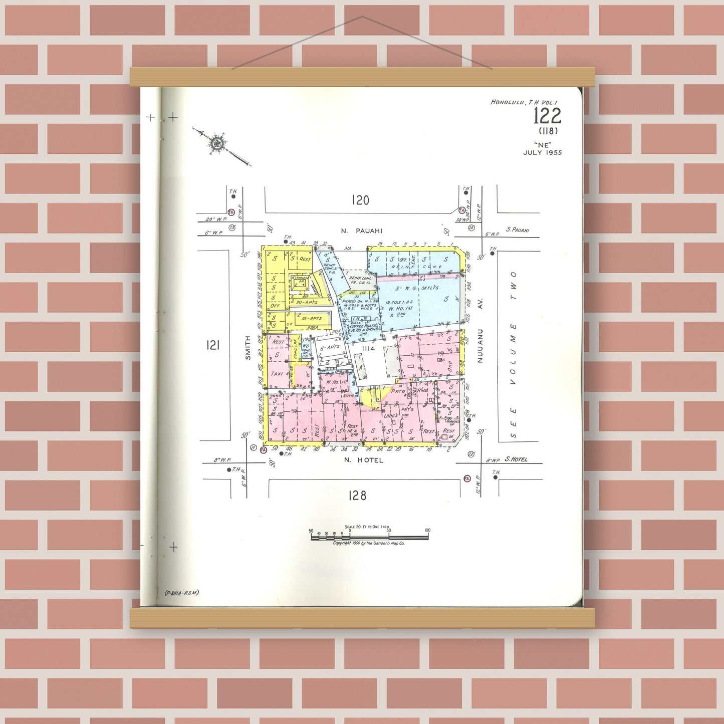 Old map wall art mockup — magnetic wood frame on brick wall — Sanborn Fire Insurance Map from Honolulu, Oahu County, Hawaii (1955), Sheet #0122