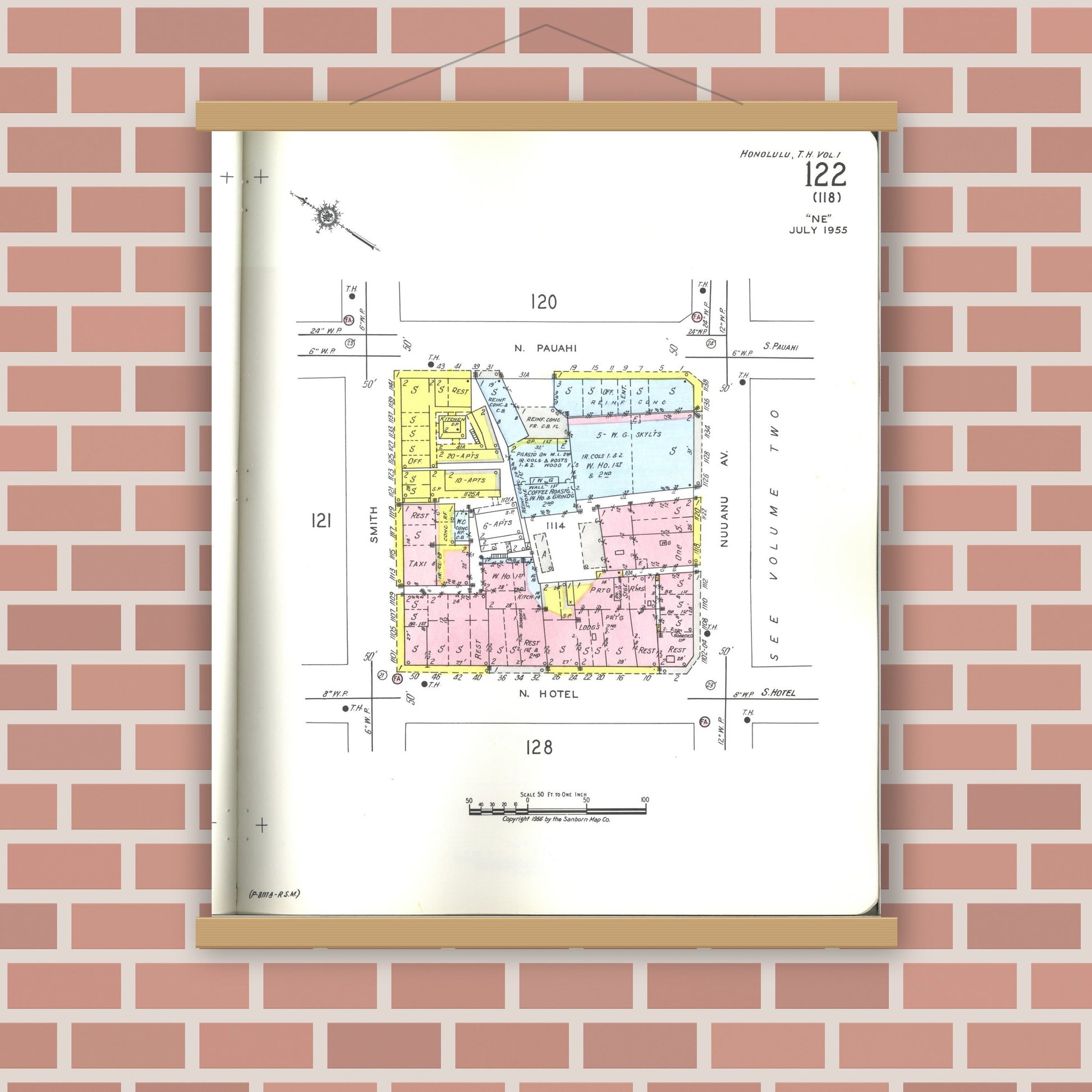 Old map wall art mockup — magnetic wood frame on brick wall — Sanborn Fire Insurance Map from Honolulu, Oahu County, Hawaii (1955), Sheet #0122