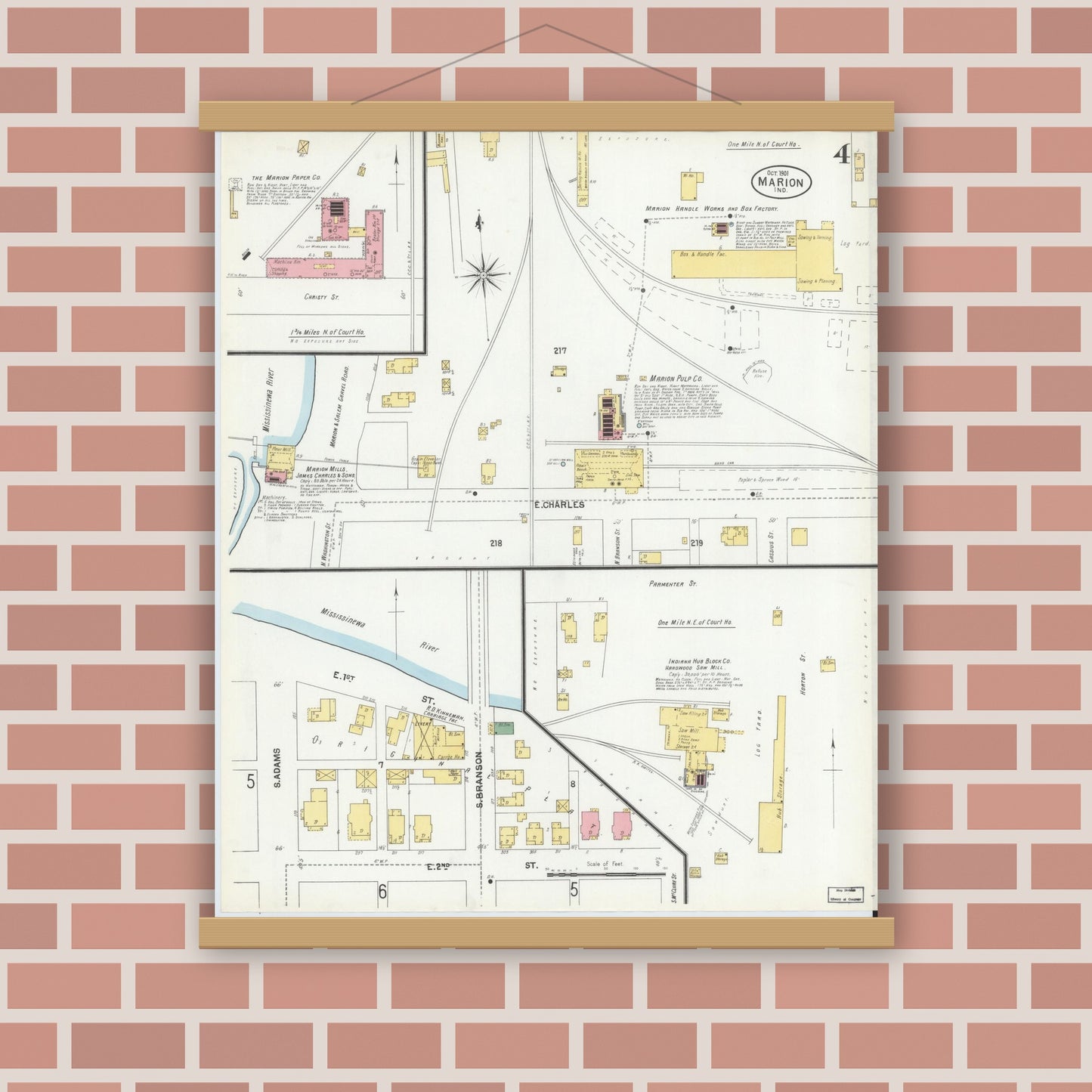 Old map wall art mockup — magnetic wood frame on brick wall — Sanborn Fire Insurance Map from Marion, Grant County, Indiana (1901), Sheet #0004