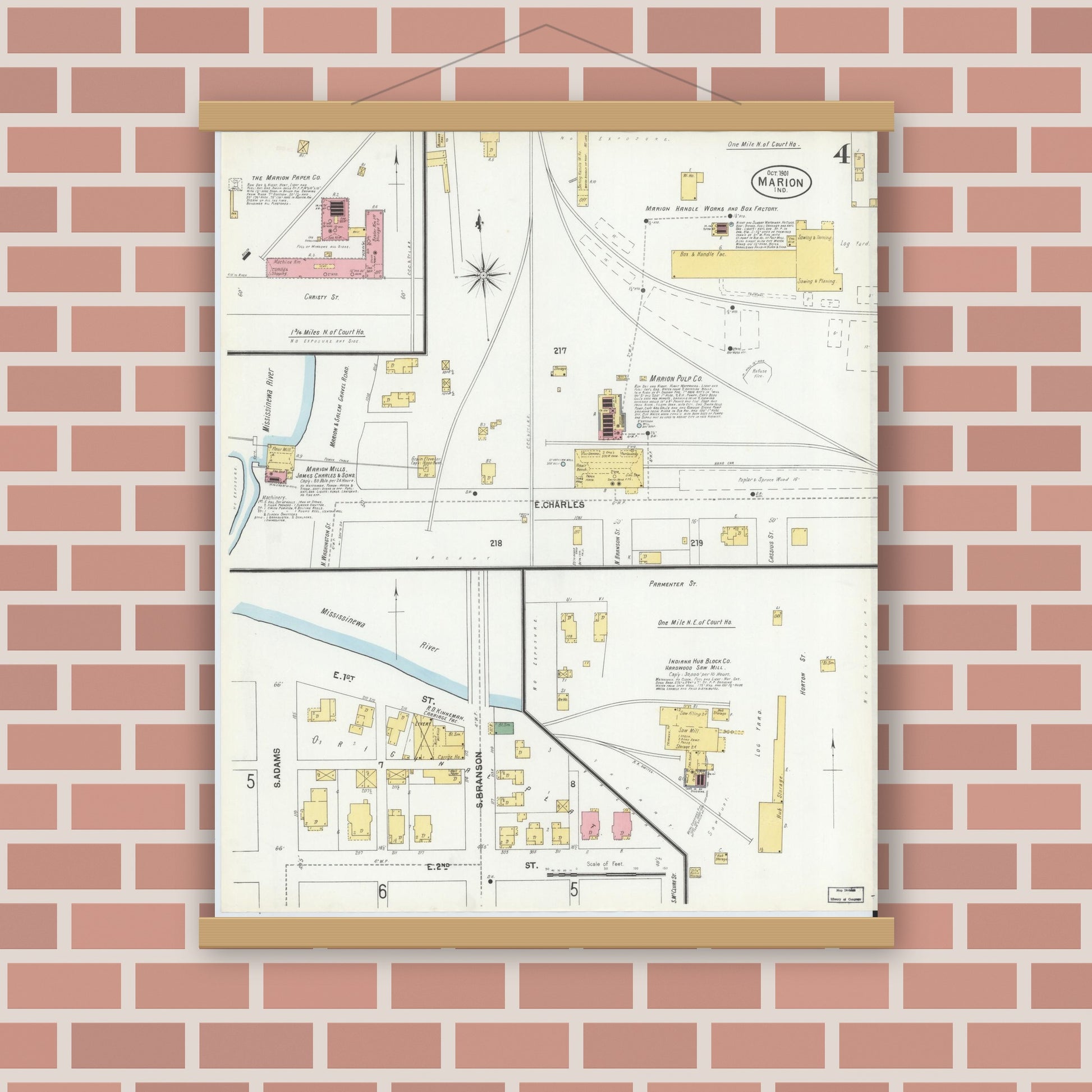 Old map wall art mockup — magnetic wood frame on brick wall — Sanborn Fire Insurance Map from Marion, Grant County, Indiana (1901), Sheet #0004
