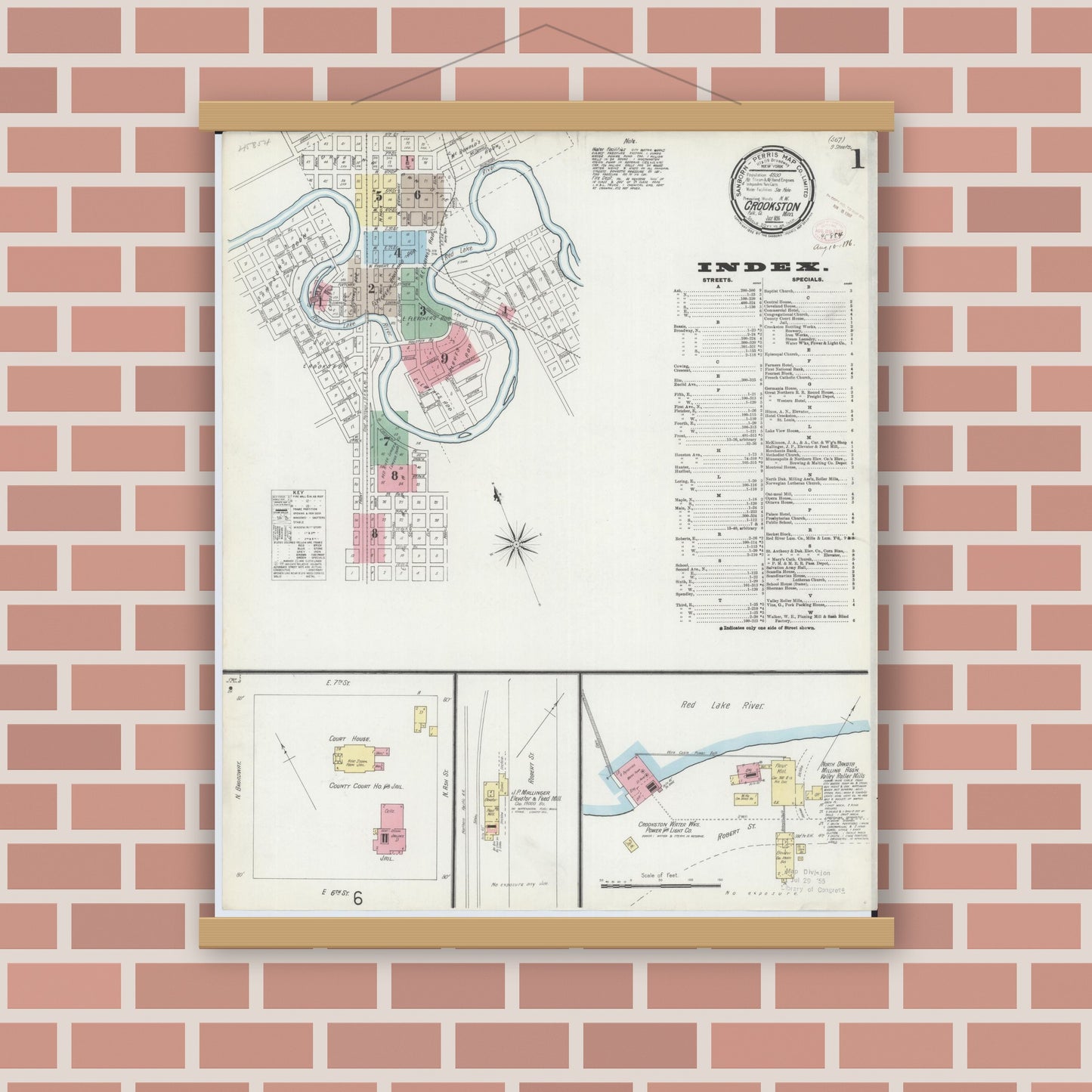 Old map wall art mockup — magnetic wood frame on brick wall — Sanborn Fire Insurance Map from Crookston, Polk County, Minnesota (1896), Sheet #0001