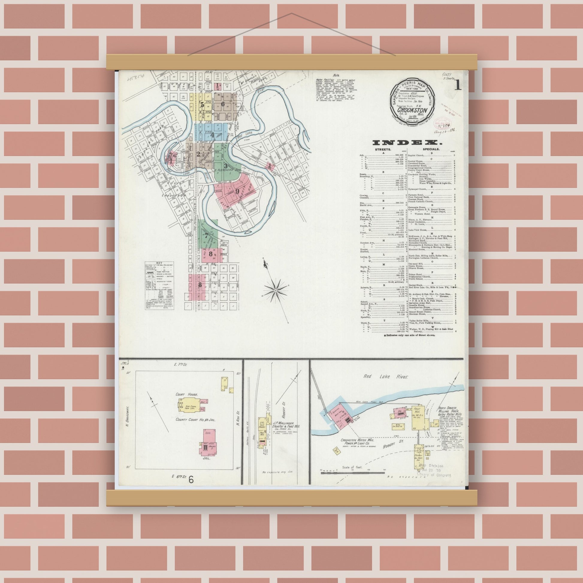 Old map wall art mockup — magnetic wood frame on brick wall — Sanborn Fire Insurance Map from Crookston, Polk County, Minnesota (1896), Sheet #0001