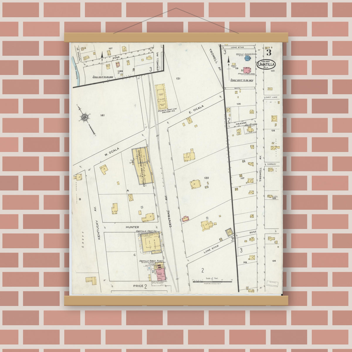 Old map wall art mockup — magnetic wood frame on brick wall — Sanborn Fire Insurance Map from Umatilla, Lake County, Florida (1920), Sheet #0003
