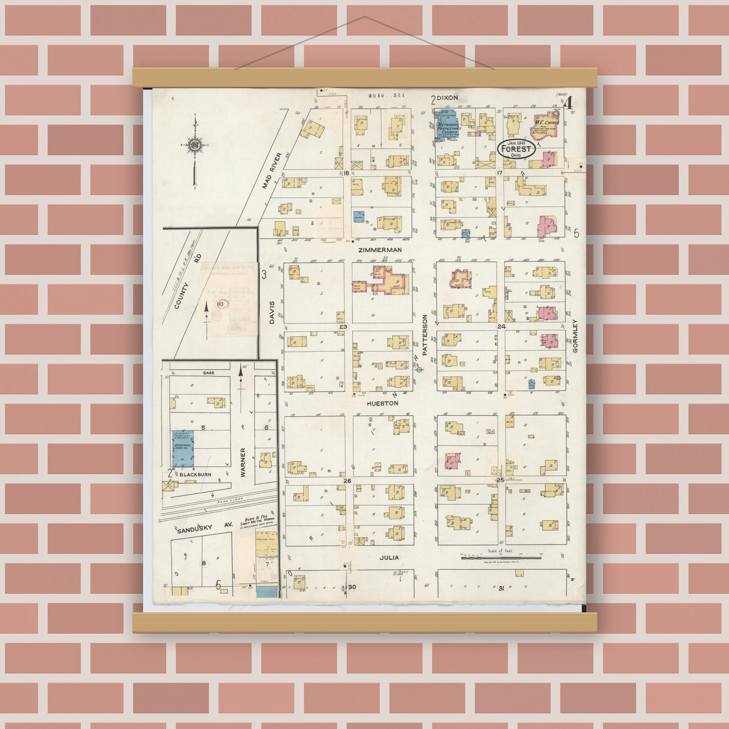 Old map wall art mockup — magnetic wood frame on brick wall — Sanborn Fire Insurance Map from Forest, Hardin County, Ohio (1932), Sheet #0004