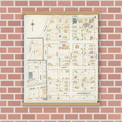 Old map wall art mockup — magnetic wood frame on brick wall — Sanborn Fire Insurance Map from Forest, Hardin County, Ohio (1932), Sheet #0004