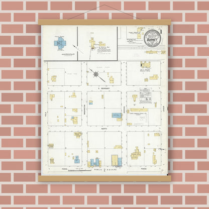 Old map wall art mockup — magnetic wood frame on brick wall — Sanborn Fire Insurance Map from Burnet, Burnet County, Texas (1912) - Complete Map Set