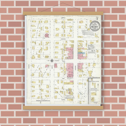 Old map wall art mockup — magnetic wood frame on brick wall — Sanborn Fire Insurance Map from West Unity, Williams County, Ohio (1910), Sheet #0001