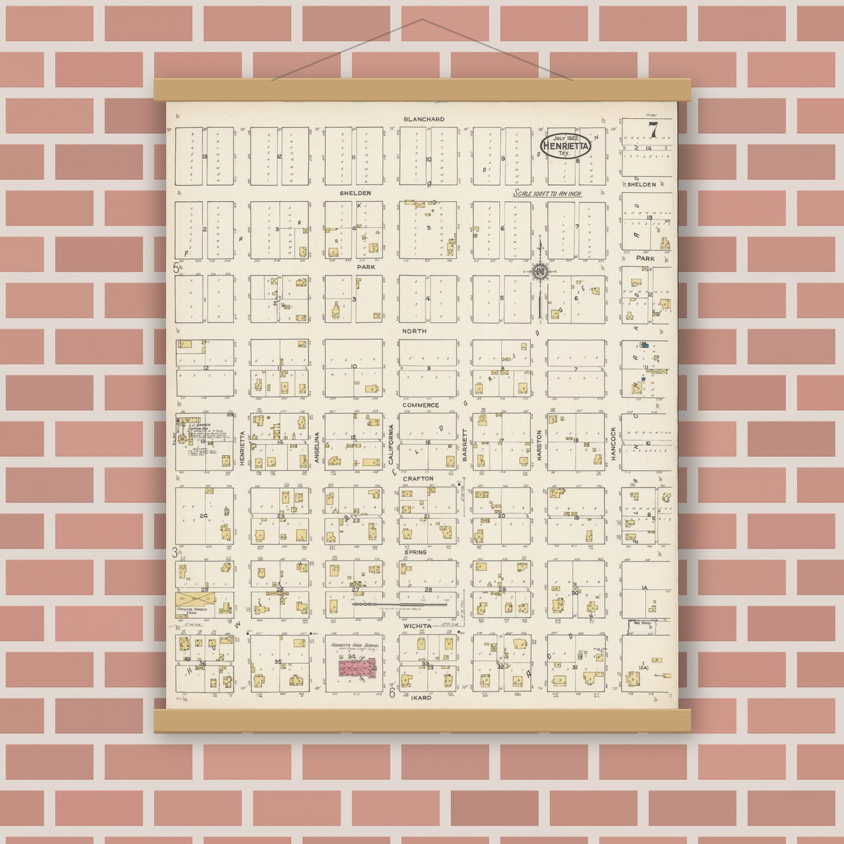 Old map wall art mockup — magnetic wood frame on brick wall — Sanborn Fire Insurance Map from Henrietta, Clay County, Texas (1922), Sheet #0007