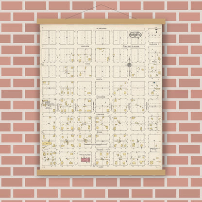 Old map wall art mockup — magnetic wood frame on brick wall — Sanborn Fire Insurance Map from Henrietta, Clay County, Texas (1922), Sheet #0007