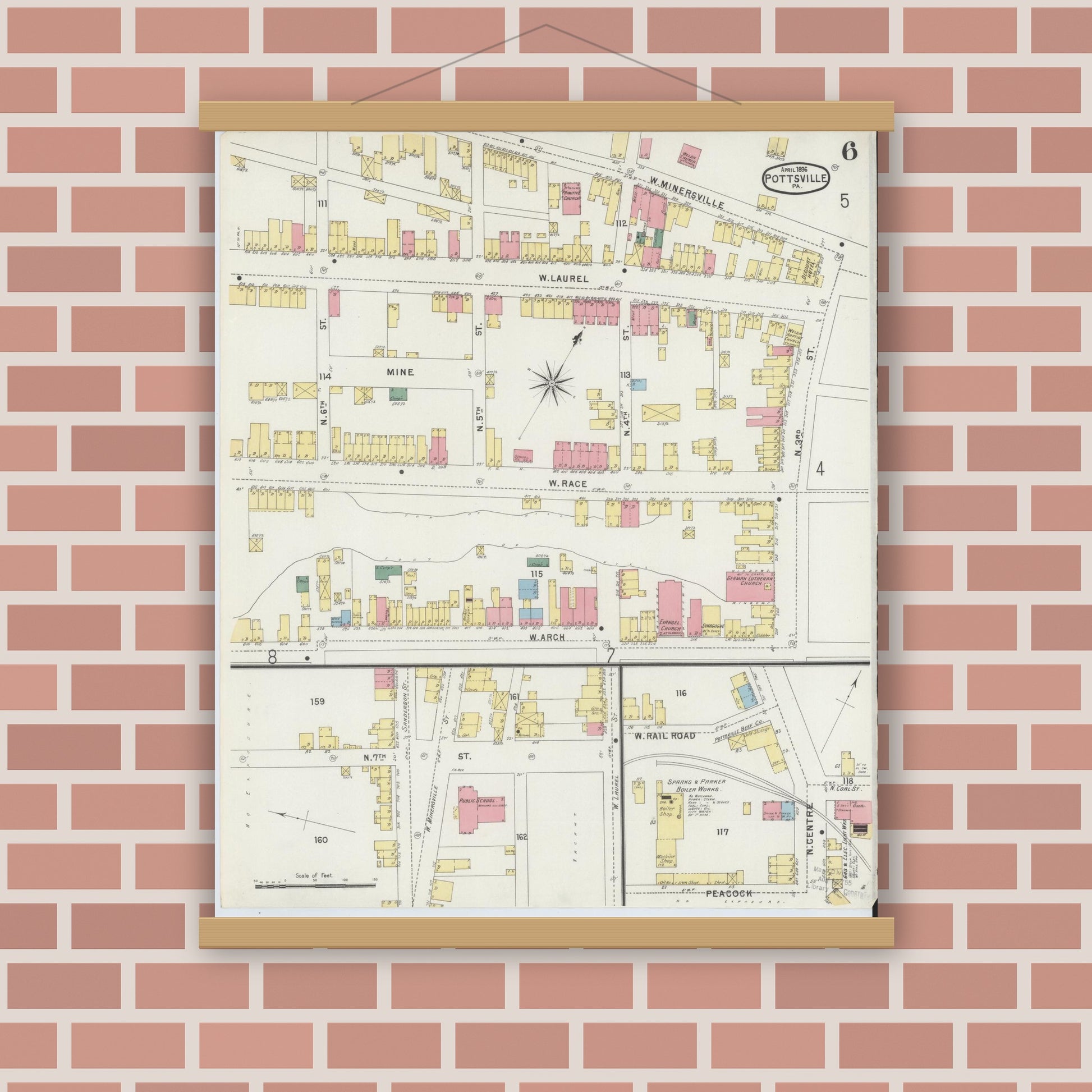 Old map wall art mockup — magnetic wood frame on brick wall — Sanborn Fire Insurance Map from Pottsville, Schuylkill County, Pennsylvania (1895), Sheet #0006