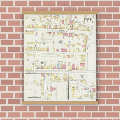 Old map wall art mockup — magnetic wood frame on brick wall — Sanborn Fire Insurance Map from Pottsville, Schuylkill County, Pennsylvania (1895), Sheet #0006