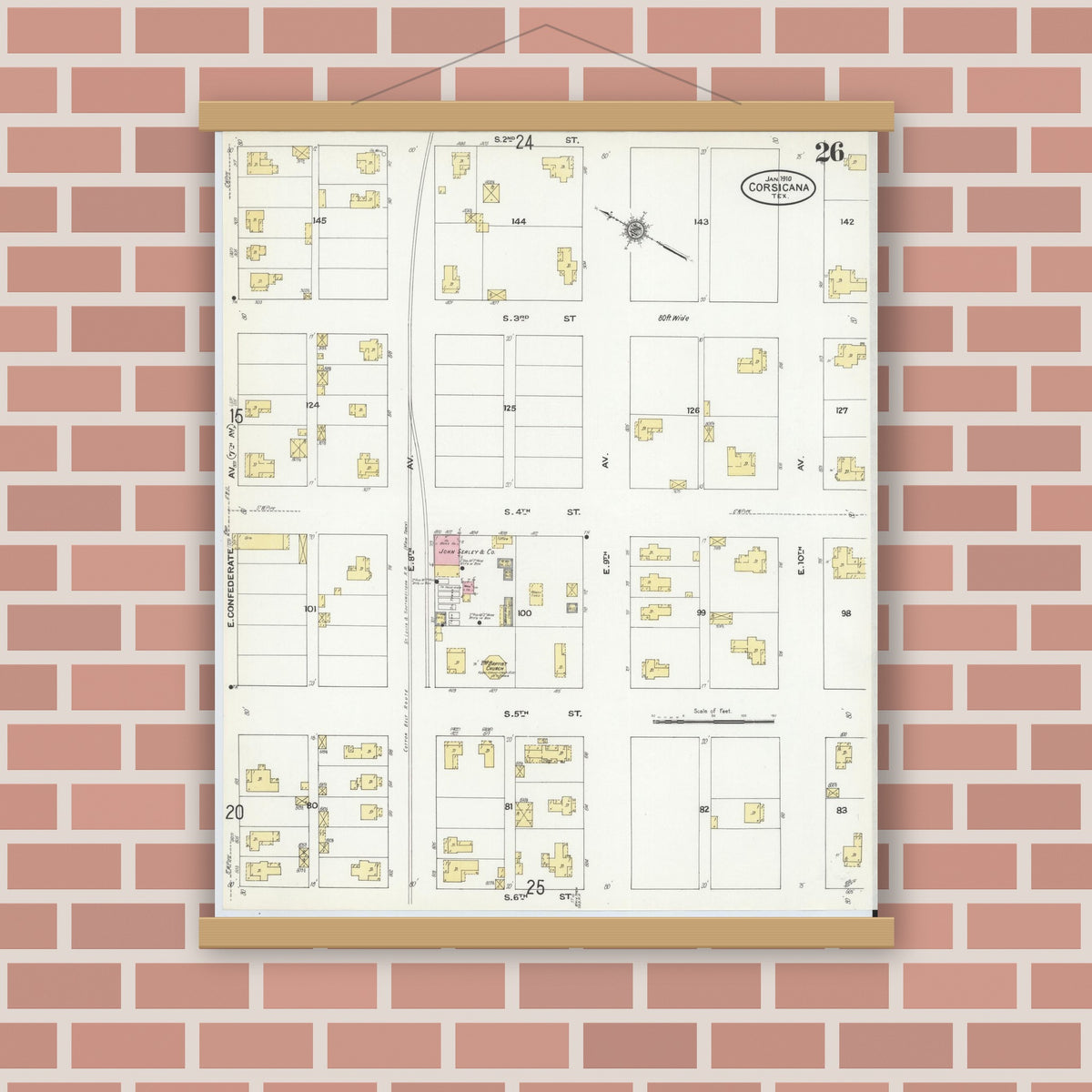Old map wall art mockup — magnetic wood frame on brick wall — Sanborn Map from Corsicana, Navarro County, Texas (1910), Sheet #0026
