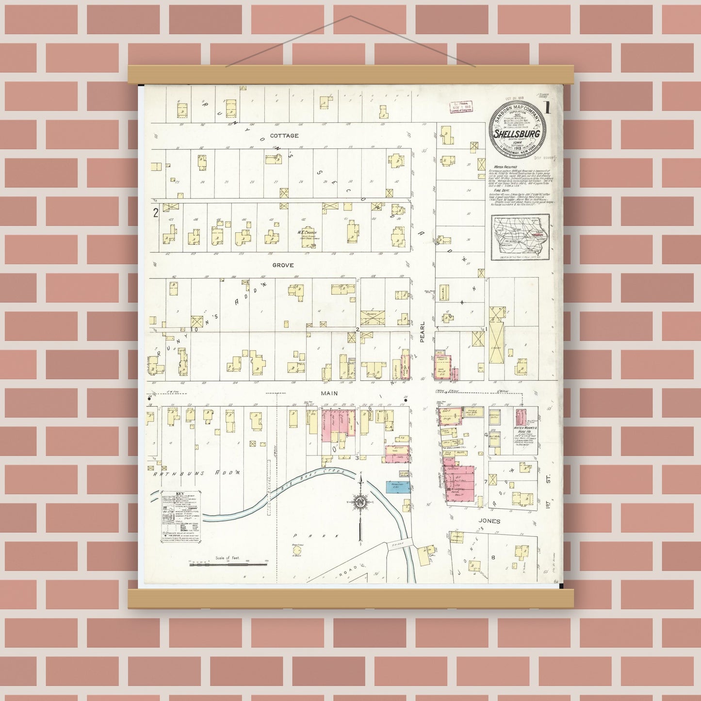 Old map wall art mockup — magnetic wood frame on brick wall — Sanborn Fire Insurance Map from Shellsburg, Benton County, Iowa (1913) â€” Complete Set