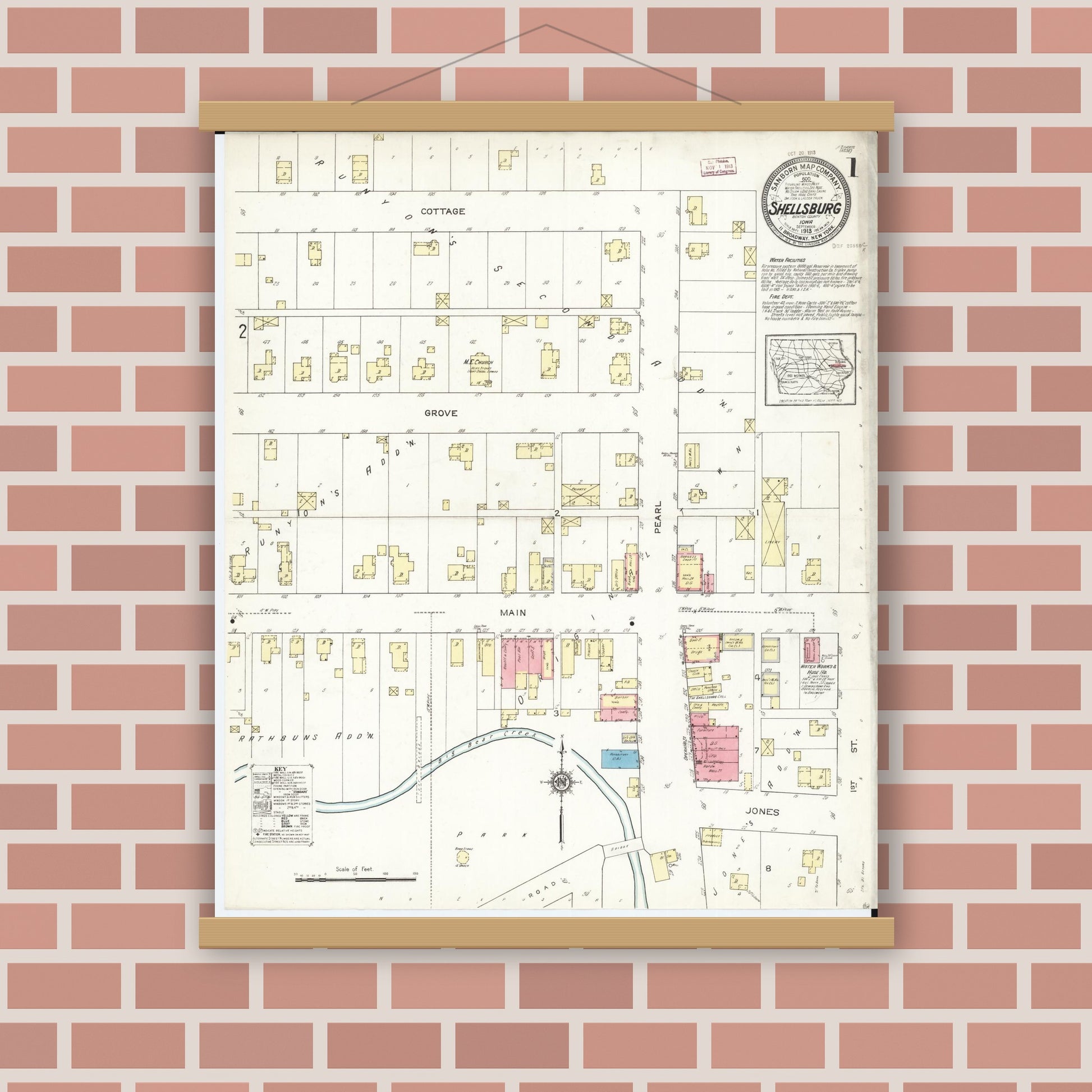 Old map wall art mockup — magnetic wood frame on brick wall — Sanborn Fire Insurance Map from Shellsburg, Benton County, Iowa (1913) â€” Complete Set