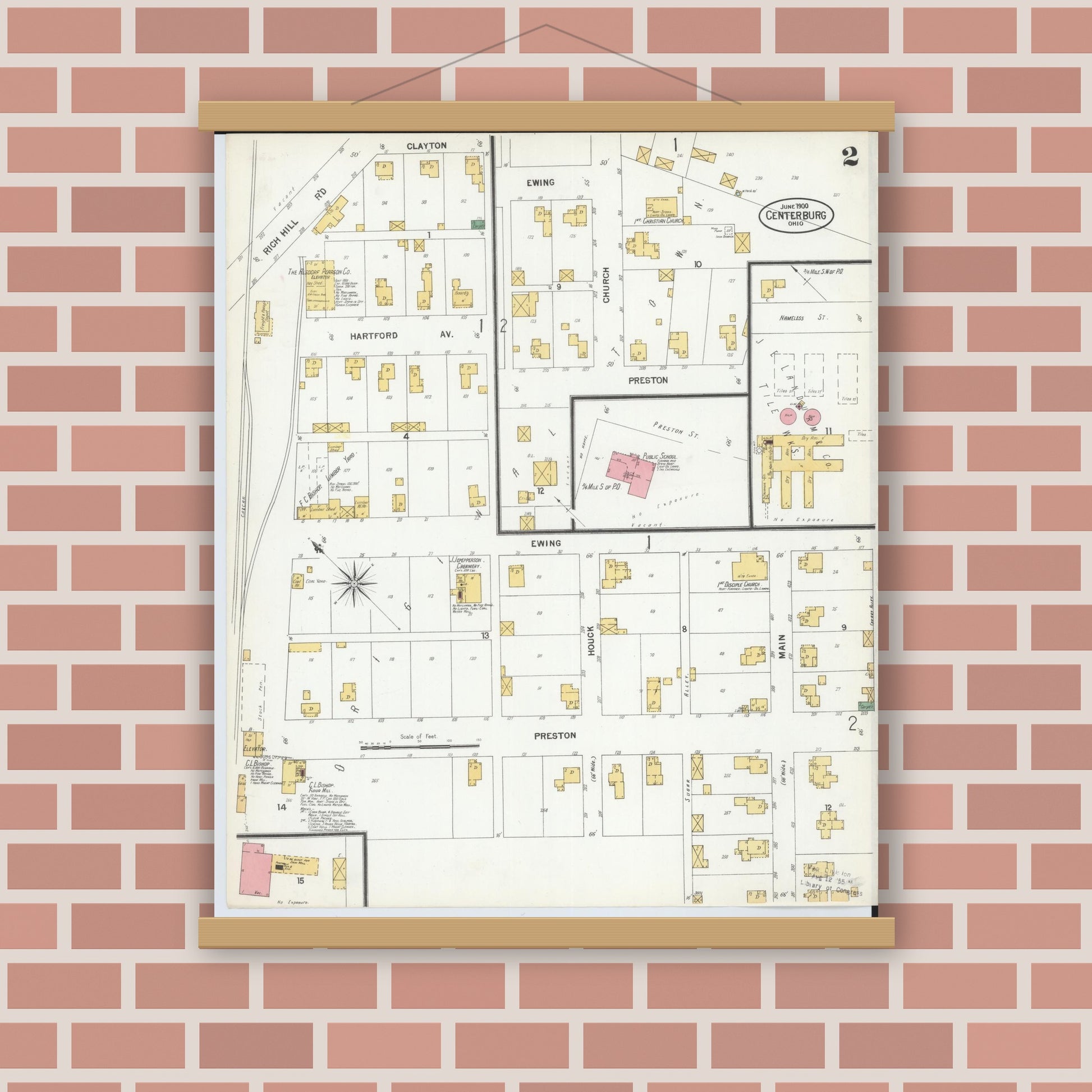 Old map wall art mockup — magnetic wood frame on brick wall — Sanborn Fire Insurance Map from Centerburg, Knox County, Ohio (1900), Sheet #0002