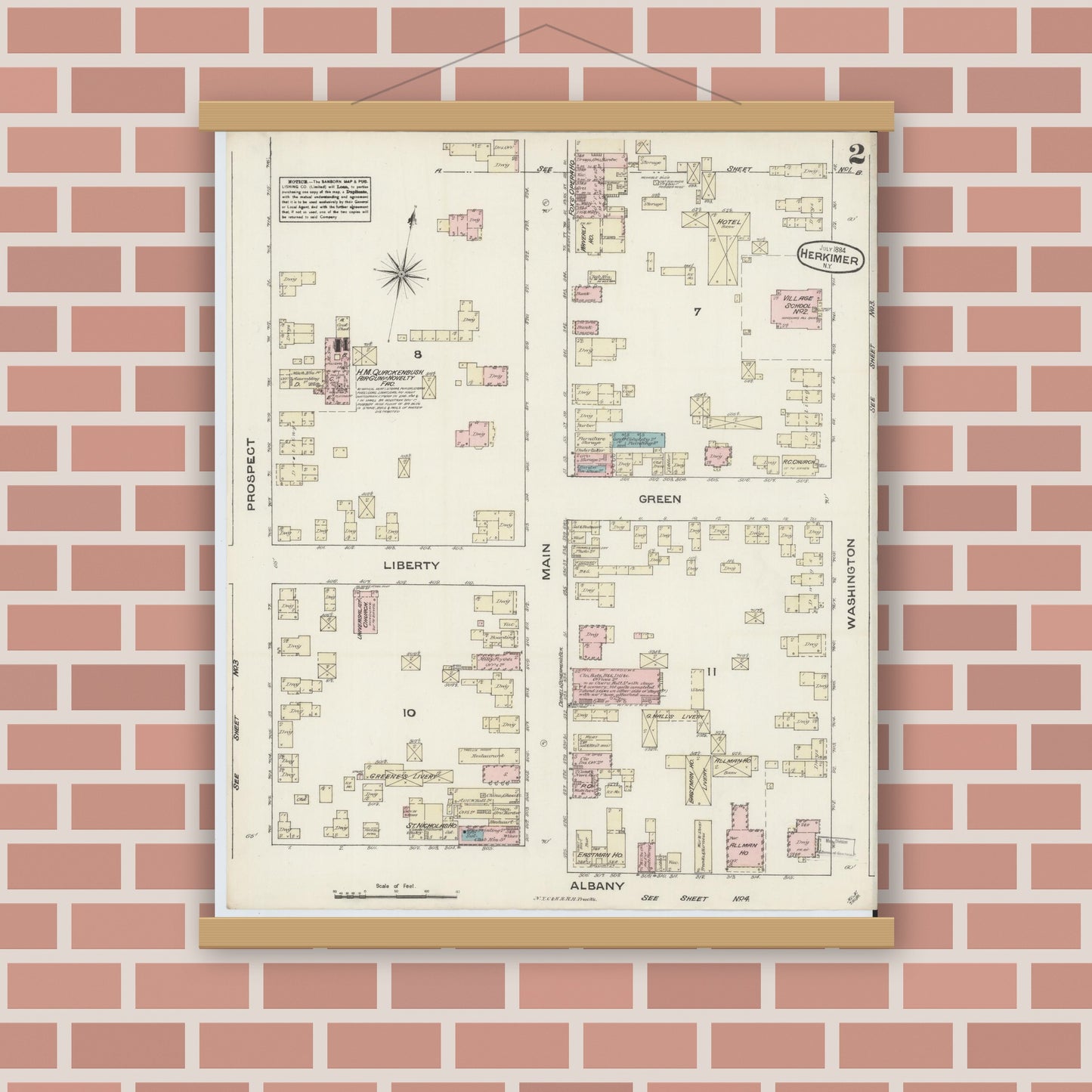 Old map wall art mockup — magnetic wood frame on brick wall — Sanborn Fire Insurance Map from Herkimer, Herkimer County, New York (1884) - Complete Map Set