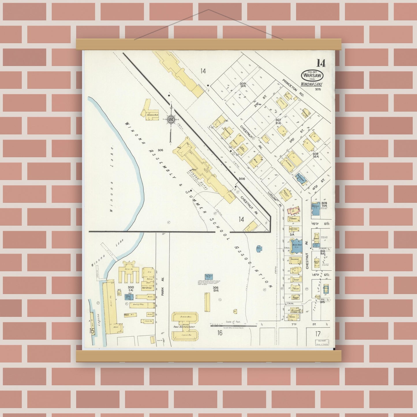 Old map wall art mockup — magnetic wood frame on brick wall — Sanborn Fire Insurance Map from Warsaw, Kosciusko County, Indiana (1917), Sheet #0014