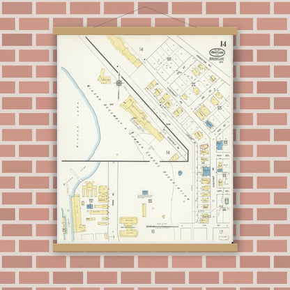 Old map wall art mockup — magnetic wood frame on brick wall — Sanborn Fire Insurance Map from Warsaw, Kosciusko County, Indiana (1917), Sheet #0014