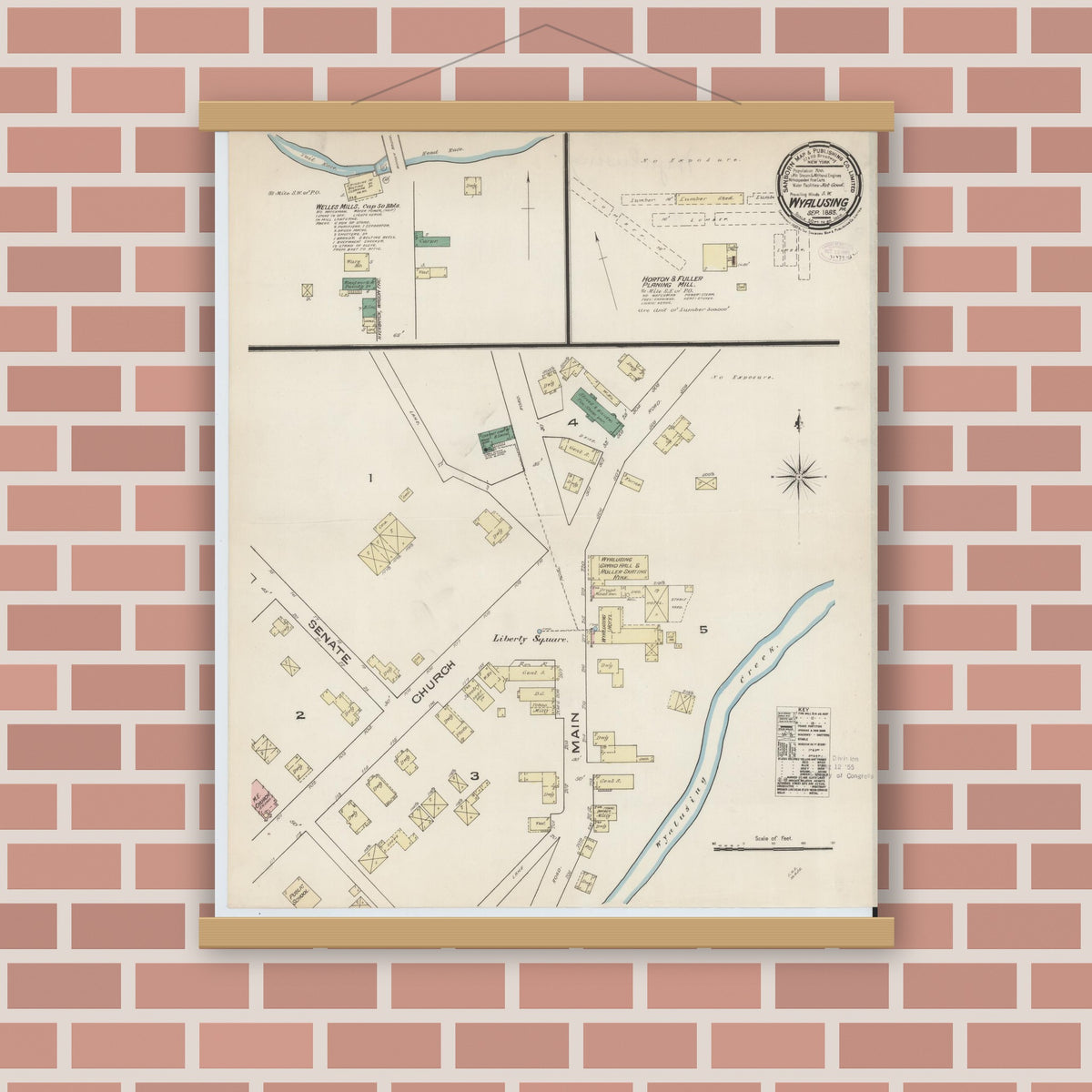Old map wall art mockup — magnetic wood frame on brick wall — Sanborn Fire Insurance Map from Wyalusing, Wyoming County, Pennsylvania (1885), Sheet #0001