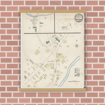 Old map wall art mockup — magnetic wood frame on brick wall — Sanborn Fire Insurance Map from Wyalusing, Wyoming County, Pennsylvania (1885), Sheet #0001