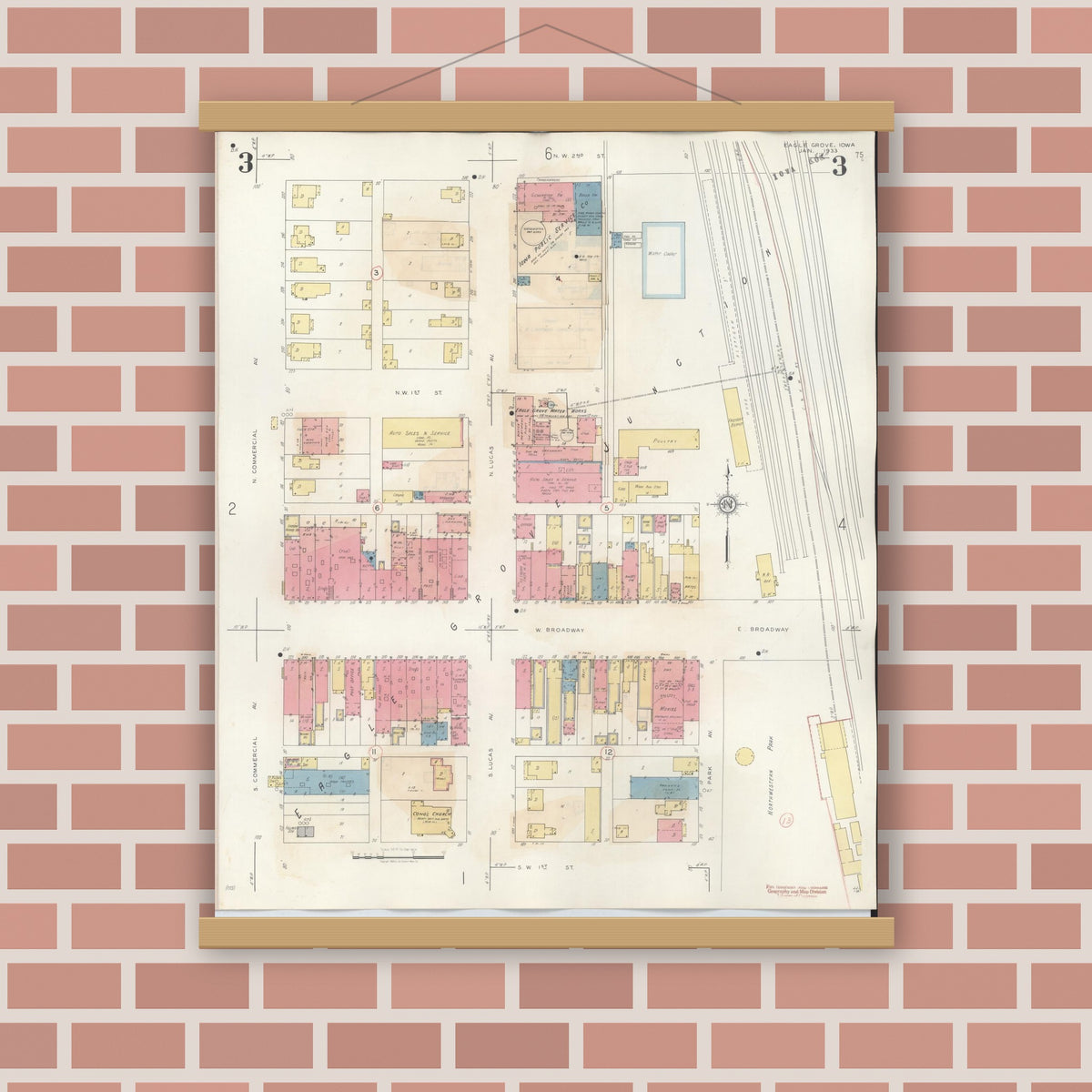Old map wall art mockup — magnetic wood frame on brick wall — Sanborn Fire Insurance Map from Eagle Grove, Wright County, Iowa (1941), Sheet #0003