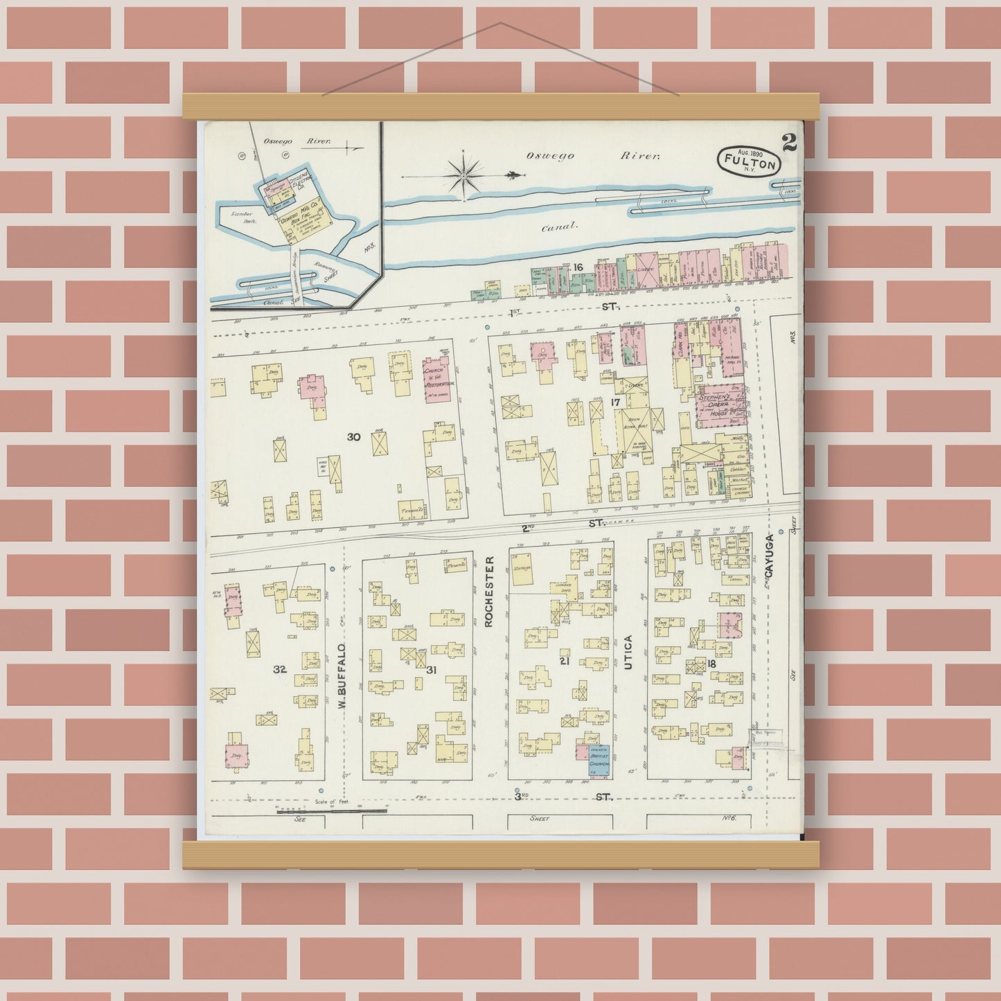 Old map wall art mockup — magnetic wood frame on brick wall — Sanborn Fire Insurance Map from Fulton, Oswego County, New York (1890) - Complete Map Set