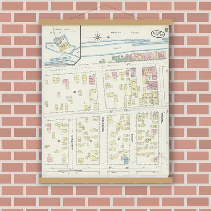 Old map wall art mockup — magnetic wood frame on brick wall — Sanborn Fire Insurance Map from Fulton, Oswego County, New York (1890) - Complete Map Set