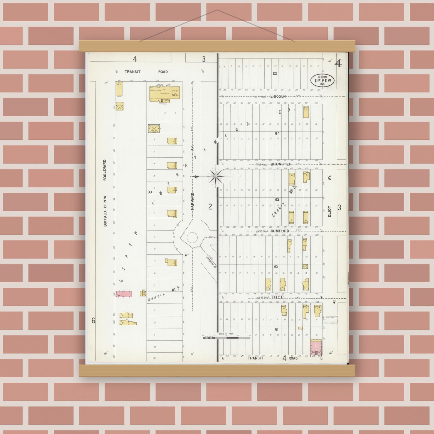 Old map wall art mockup — magnetic wood frame on brick wall — Sanborn Fire Insurance Map from Depew, Erie County, New York (1900), Sheet #0004