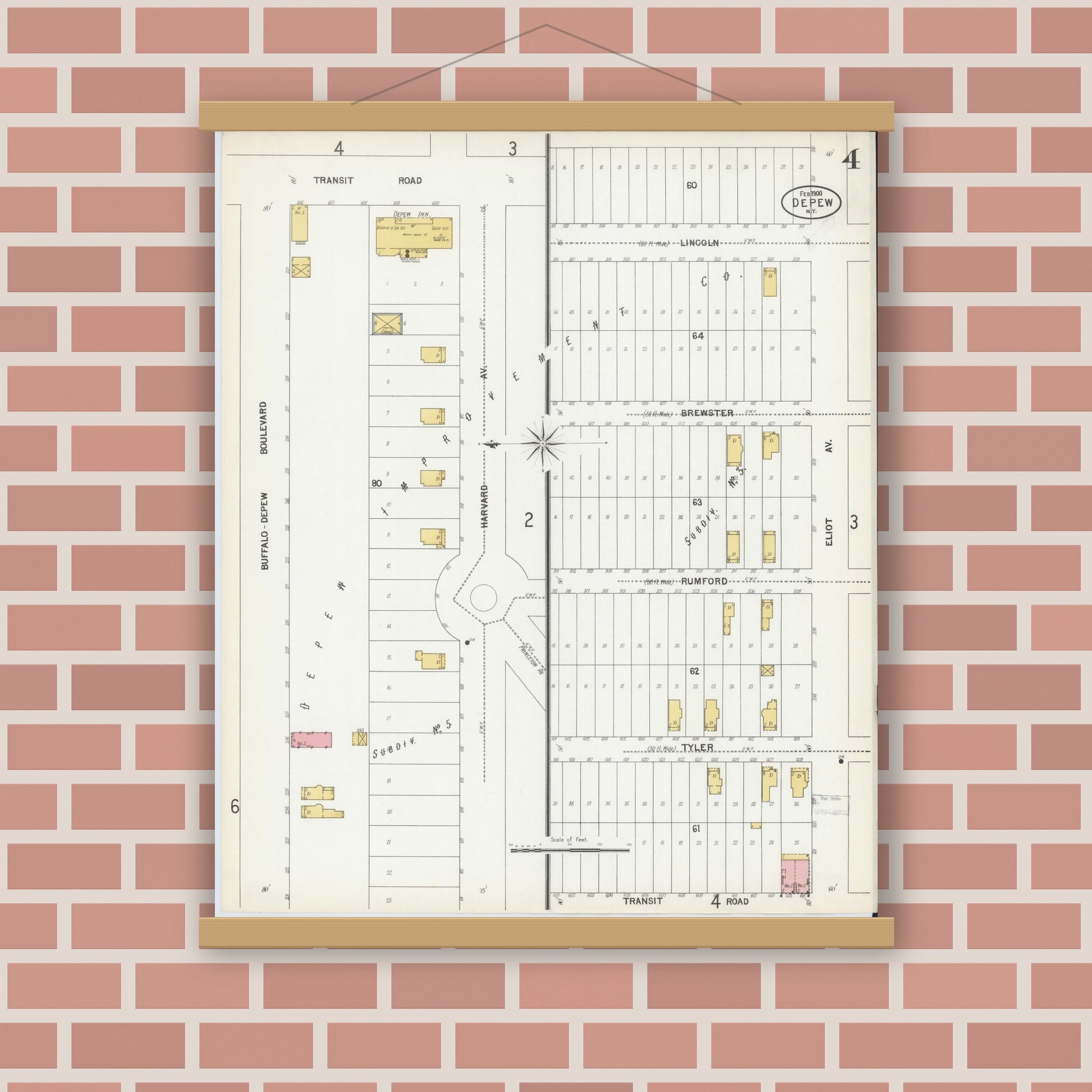 Old map wall art mockup — magnetic wood frame on brick wall — Sanborn Fire Insurance Map from Depew, Erie County, New York (1900), Sheet #0004