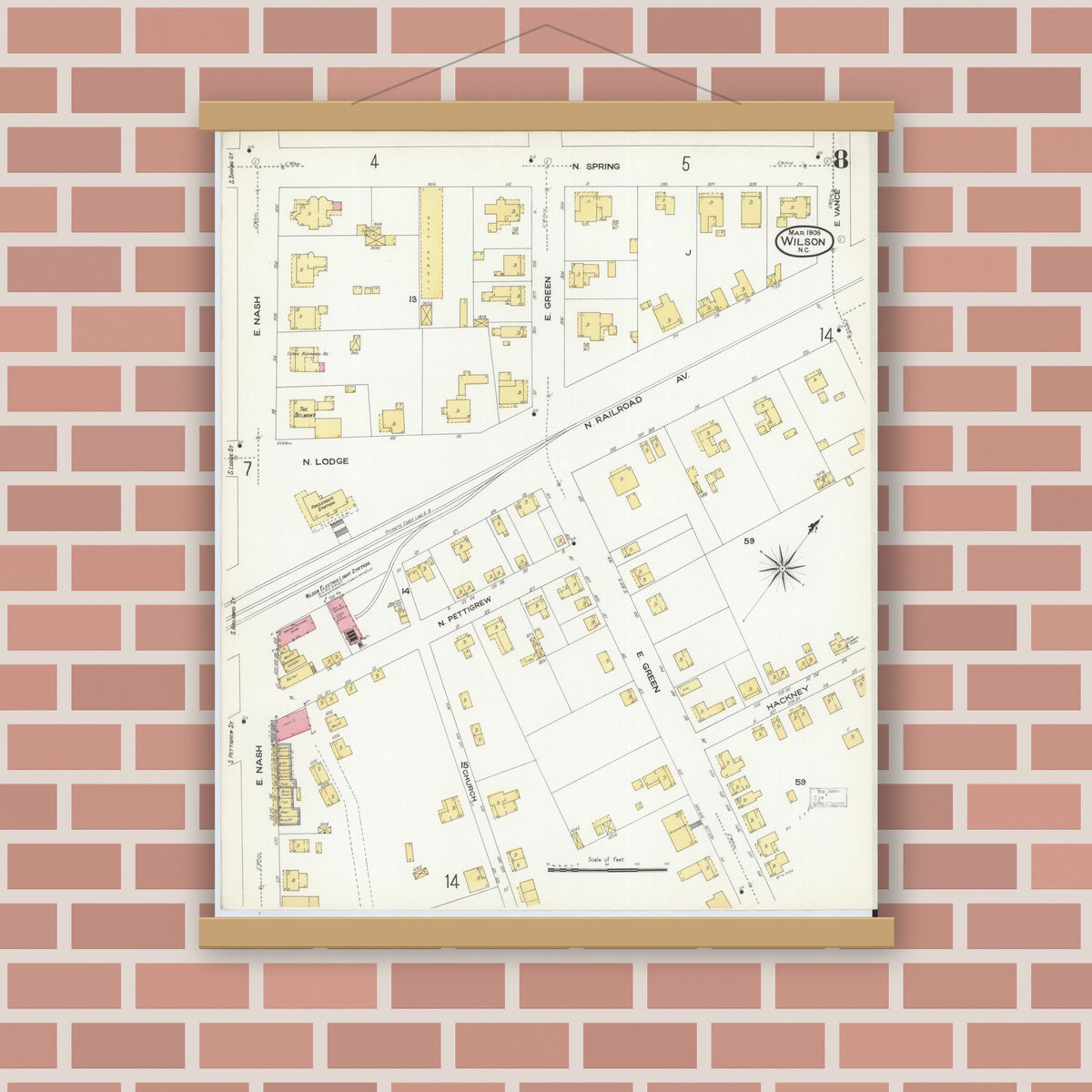 Old map wall art mockup — magnetic wood frame on brick wall — Sanborn Fire Insurance Map from Wilson, Wilson County, North Carolina (1908), Sheet #0008