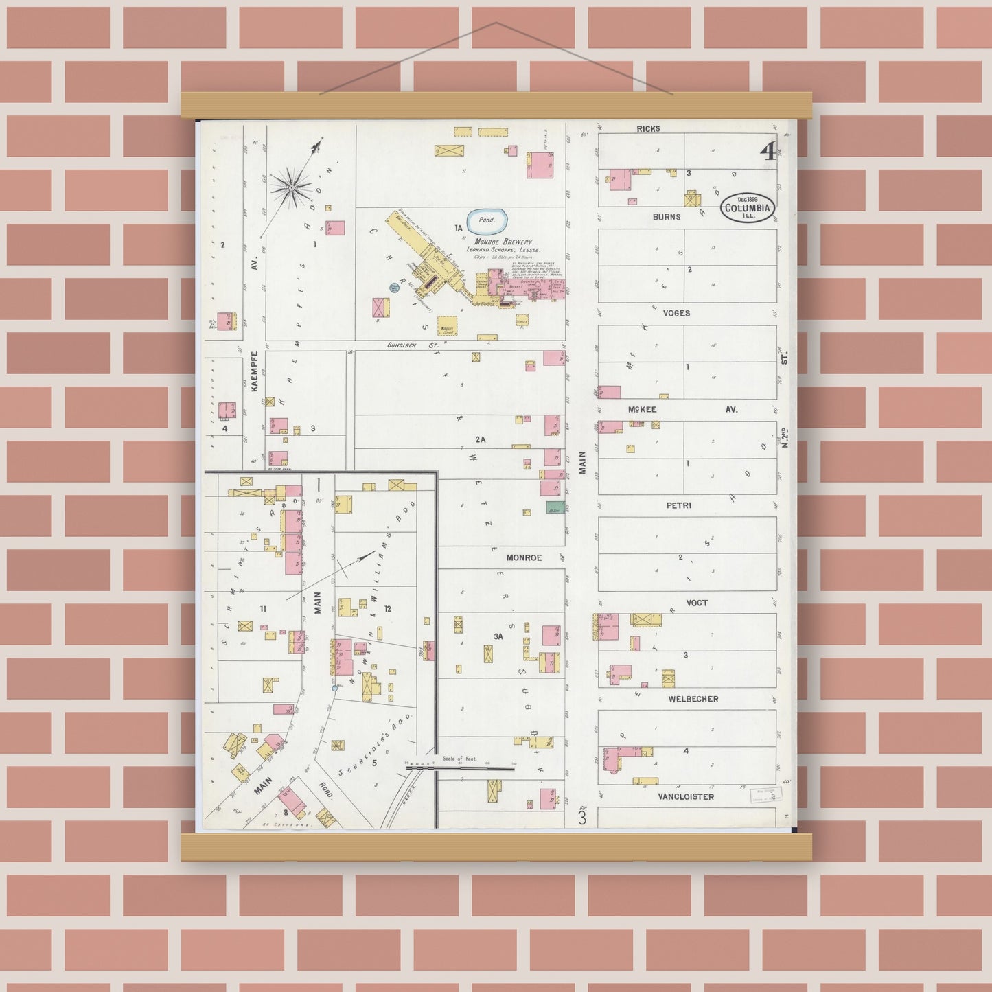 Old map wall art mockup — magnetic wood frame on brick wall — Sanborn Fire Insurance Map from Columbia, Monroe County, Illinois (1899), Sheet #0004