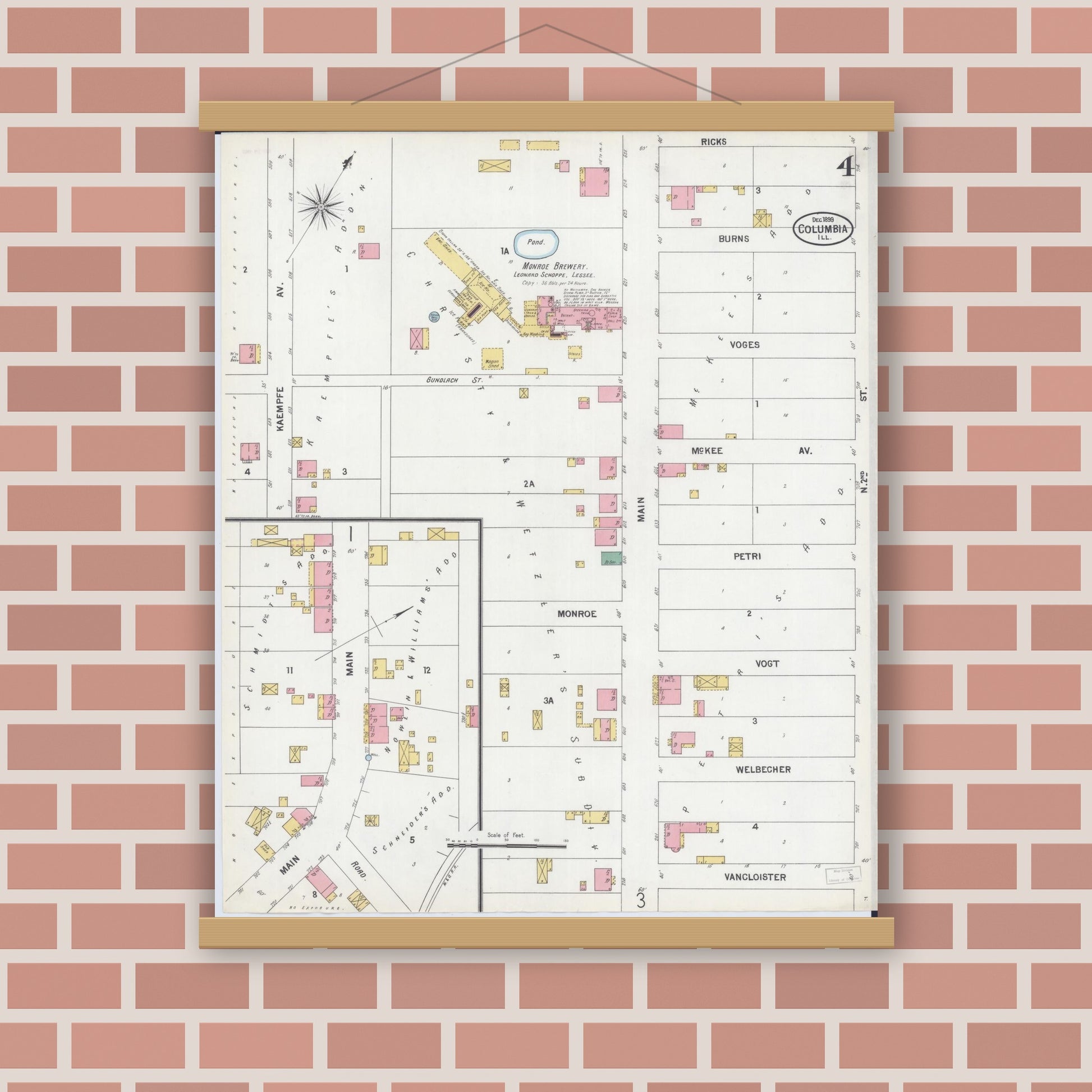 Old map wall art mockup — magnetic wood frame on brick wall — Sanborn Fire Insurance Map from Columbia, Monroe County, Illinois (1899), Sheet #0004