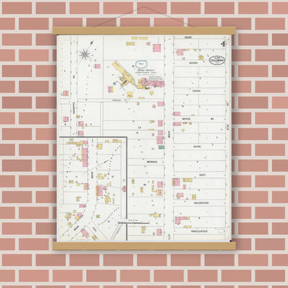 Old map wall art mockup — magnetic wood frame on brick wall — Sanborn Fire Insurance Map from Columbia, Monroe County, Illinois (1899), Sheet #0004