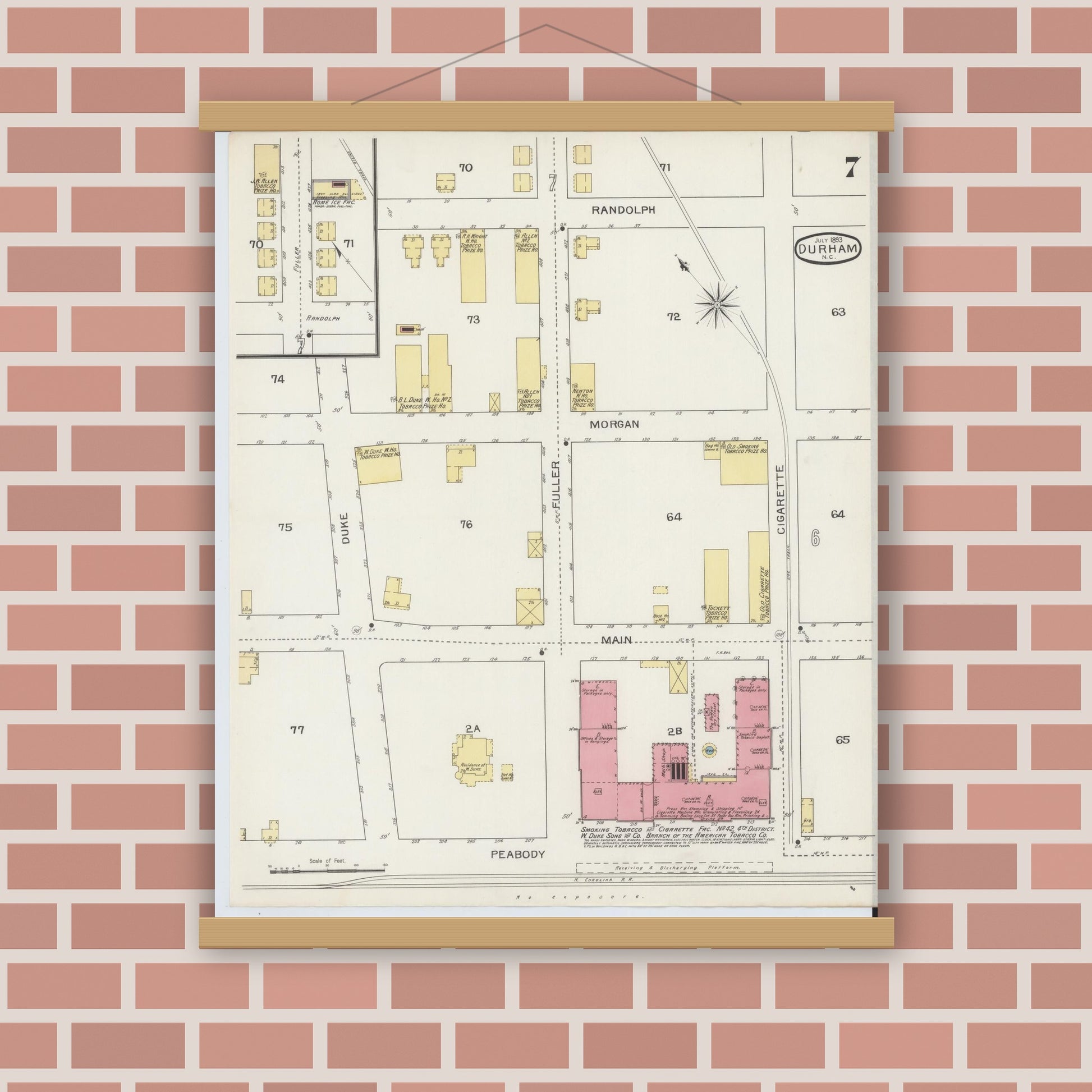 Old map wall art mockup — magnetic wood frame on brick wall — Sanborn Fire Insurance Map from Durham, Durham County, North Carolina (1893), Sheet #0007