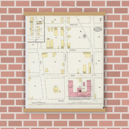 Old map wall art mockup — magnetic wood frame on brick wall — Sanborn Fire Insurance Map from Durham, Durham County, North Carolina (1893), Sheet #0007