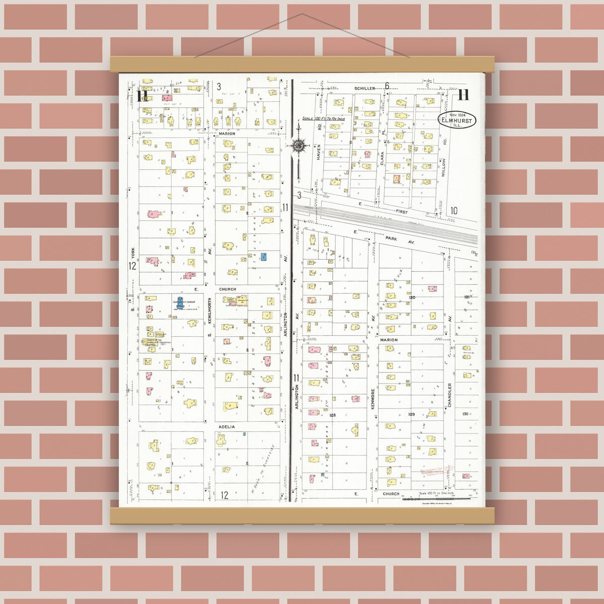 Old map wall art mockup — magnetic wood frame on brick wall — Sanborn Fire Insurance Map from Elmhurst, Du Page County, Illinois (1924), Sheet #0011