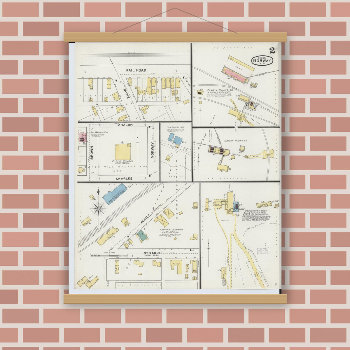 Old map wall art mockup — magnetic wood frame on brick wall — Sanborn Fire Insurance Map from Norway, Dickinson County, Michigan (1893), Sheet #0002