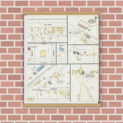 Old map wall art mockup — magnetic wood frame on brick wall — Sanborn Fire Insurance Map from Norway, Dickinson County, Michigan (1893), Sheet #0002
