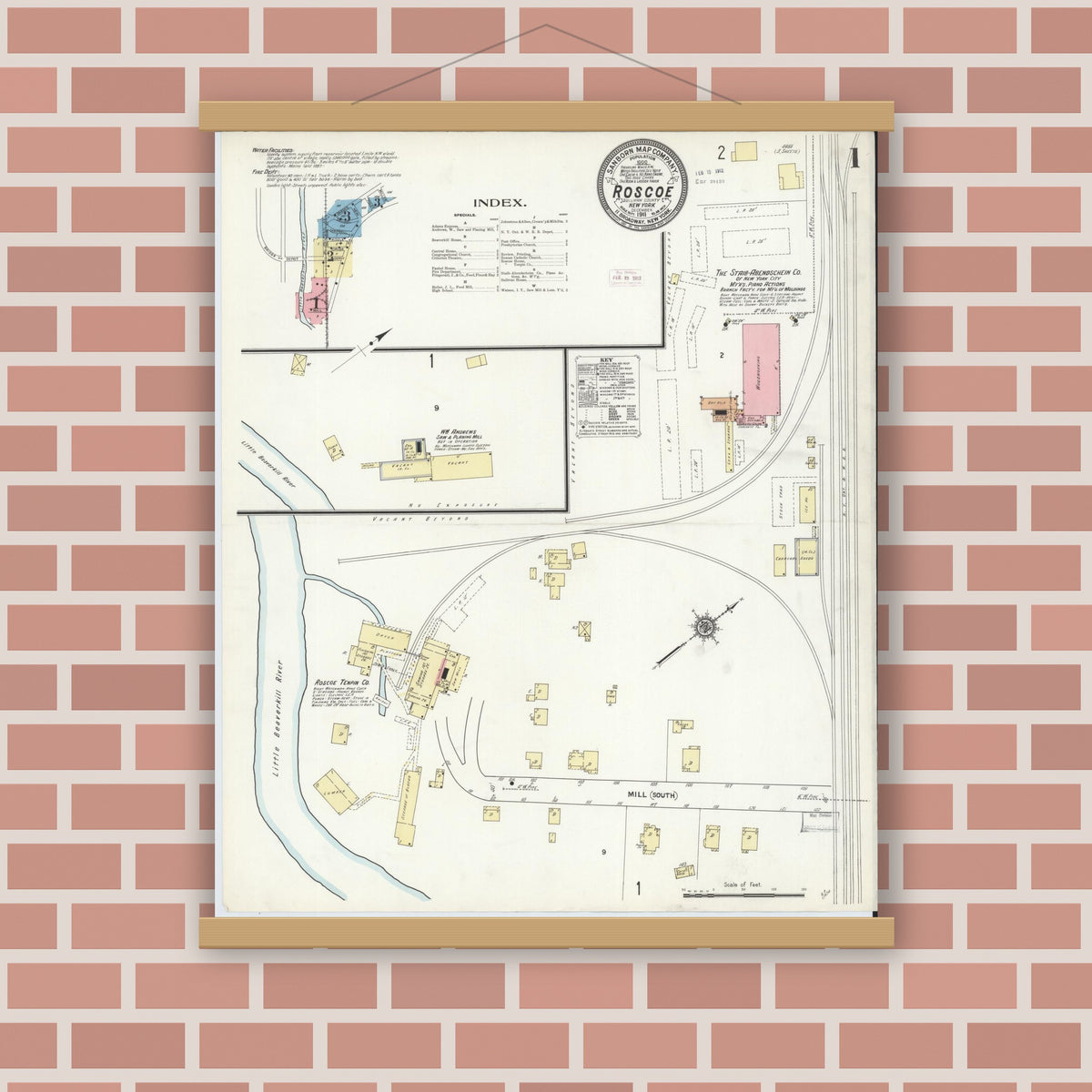 Old map wall art mockup — magnetic wood frame on brick wall — Sanborn Fire Insurance Map from Roscoe, Sullivan County, New York (1911), Sheet #0001