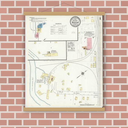 Old map wall art mockup — magnetic wood frame on brick wall — Sanborn Fire Insurance Map from Roscoe, Sullivan County, New York (1911), Sheet #0001