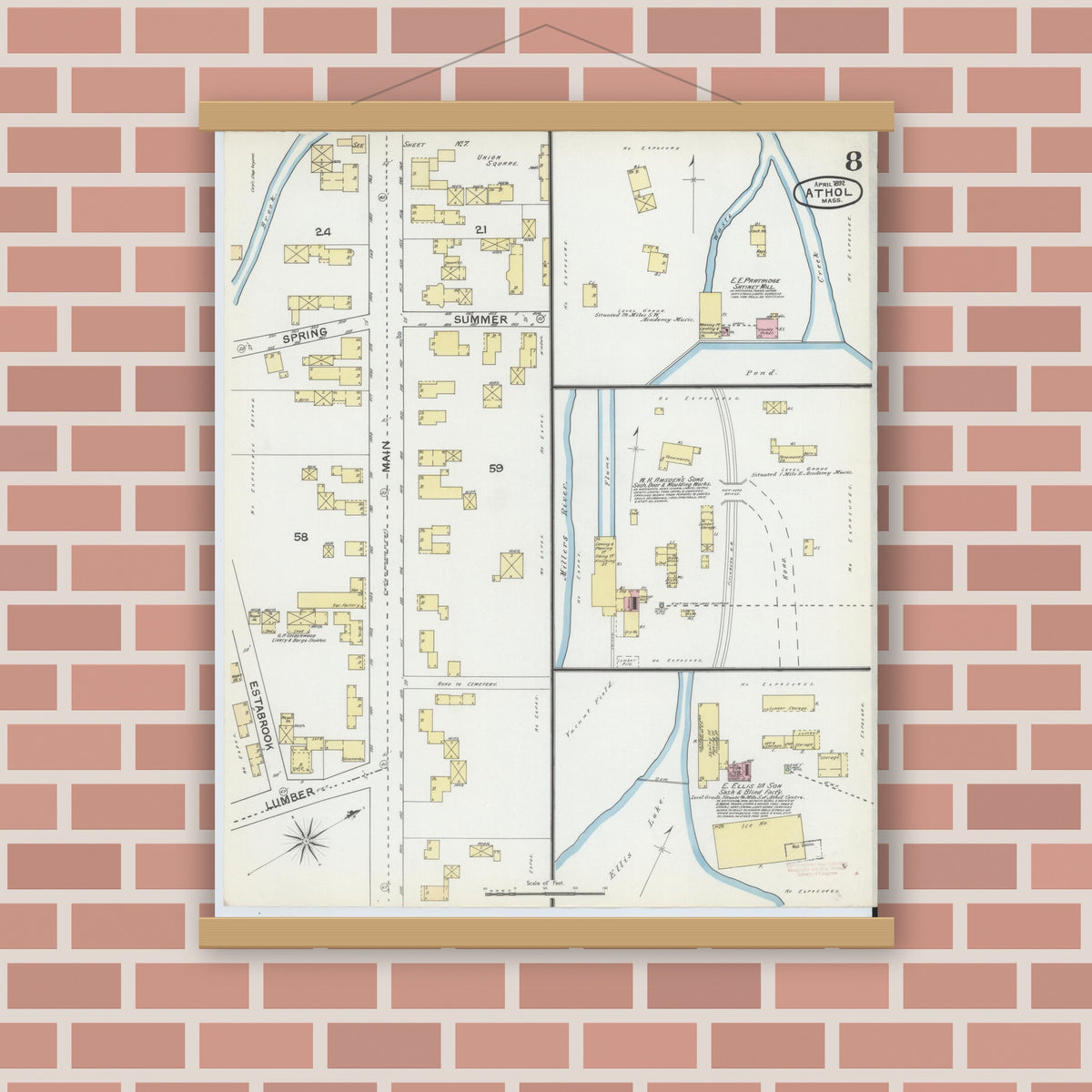 Old map wall art mockup — magnetic wood frame on brick wall — Sanborn Fire Insurance Map from Athol, Worcester County, Massachusetts (1892), Sheet #0008