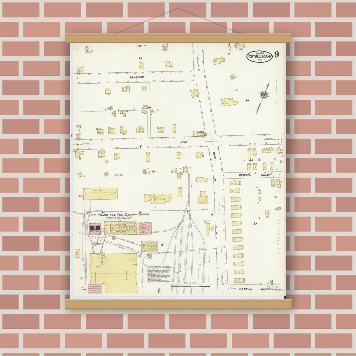 Old map wall art mockup — magnetic wood frame on brick wall — Sanborn Fire Insurance Map from Port Allegany, McKean County, Pennsylvania (1909), Sheet #0009