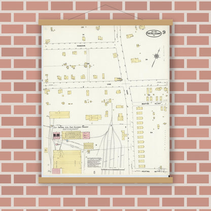 Old map wall art mockup — magnetic wood frame on brick wall — Sanborn Fire Insurance Map from Port Allegany, McKean County, Pennsylvania (1909), Sheet #0009