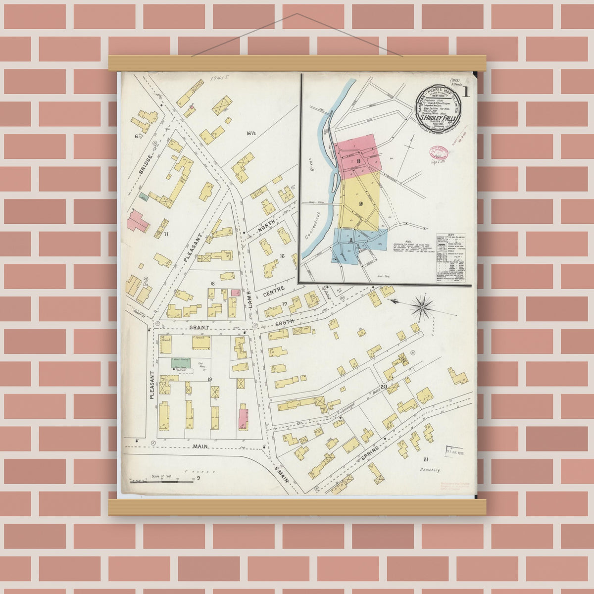 Old map wall art mockup — magnetic wood frame on brick wall — Sanborn Fire Insurance Map from South Hadley Falls, Hampshire County, Massachusetts (1895) - Complete Map Set